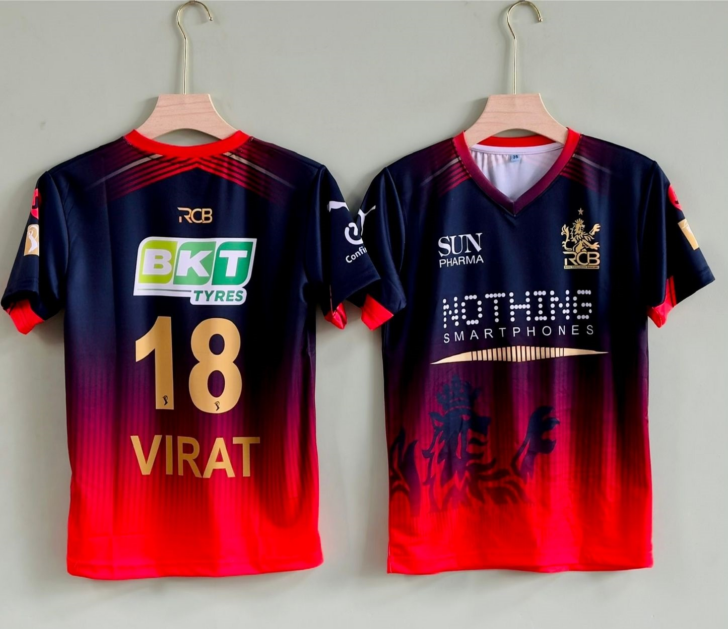 Virat Kohli RCB Jersey 18 – IPL Bangalore Team V-Collar T-Shirt | Premium Dot Knit