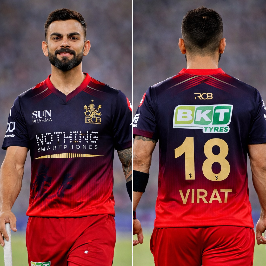 Virat Kohli RCB Jersey 18 – IPL Bangalore Team V-Collar T-Shirt | Premium Dot Knit