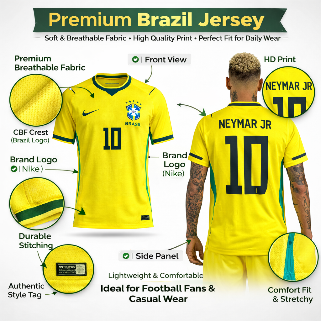 Neymar Jr 2026 World Cup Jersey, No.10 Football Jersey (Neymar) | Brazil Sports T-Shirt | Polyester Dry Fit | Yellow Fan Jersey (DOT KNIT Cloth)
