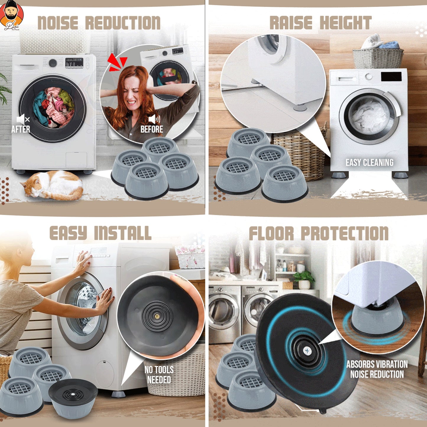 Premium PVC Washing machine Anti Vibration Pads with Suction Cup Feet, Fridge Washing Machine Leveling Feet Anti Walk Pads Shock Absorber Furniture Lifting Base(4 Piece).