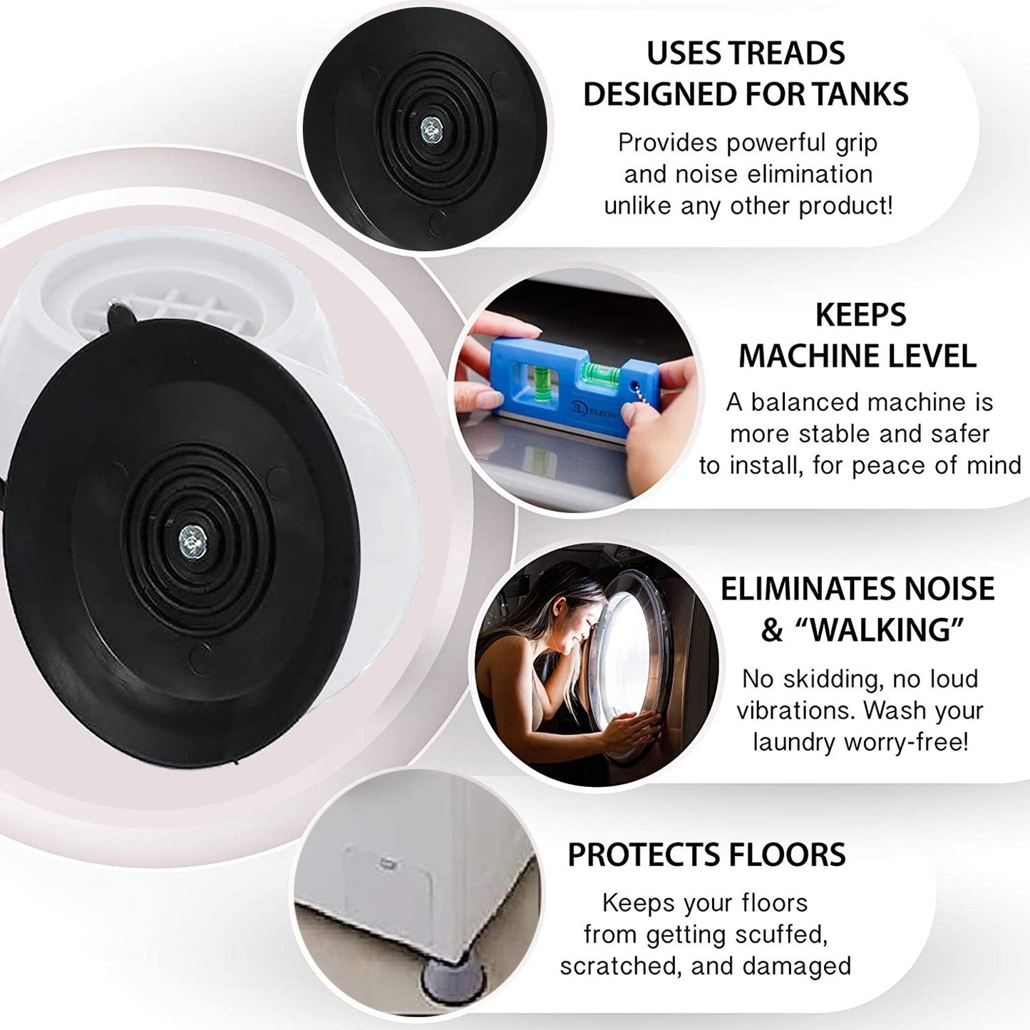 Premium PVC Washing machine Anti Vibration Pads with Suction Cup Feet, Fridge Washing Machine Leveling Feet Anti Walk Pads Shock Absorber Furniture Lifting Base(4 Piece).