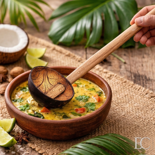 Handmade Eco-Friendly Coconut Shell Spoons - Hand-Made, Natural Bamboo Utensils - Ideal for Stirring Stews and Gravies - Non-Scratch, Heat Tolerant, Organic Kitchen Tools