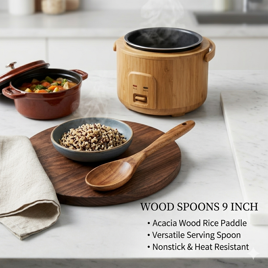 Premium Wooden Rice Paddle Spoon | Teak Wood Cooking & Serving Spoon | Non-Stick Safe, Heat Resistant, Eco-Friendly Kitchen Utensil